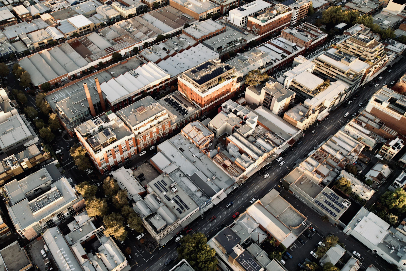Aerial view across densely spaced rooftops