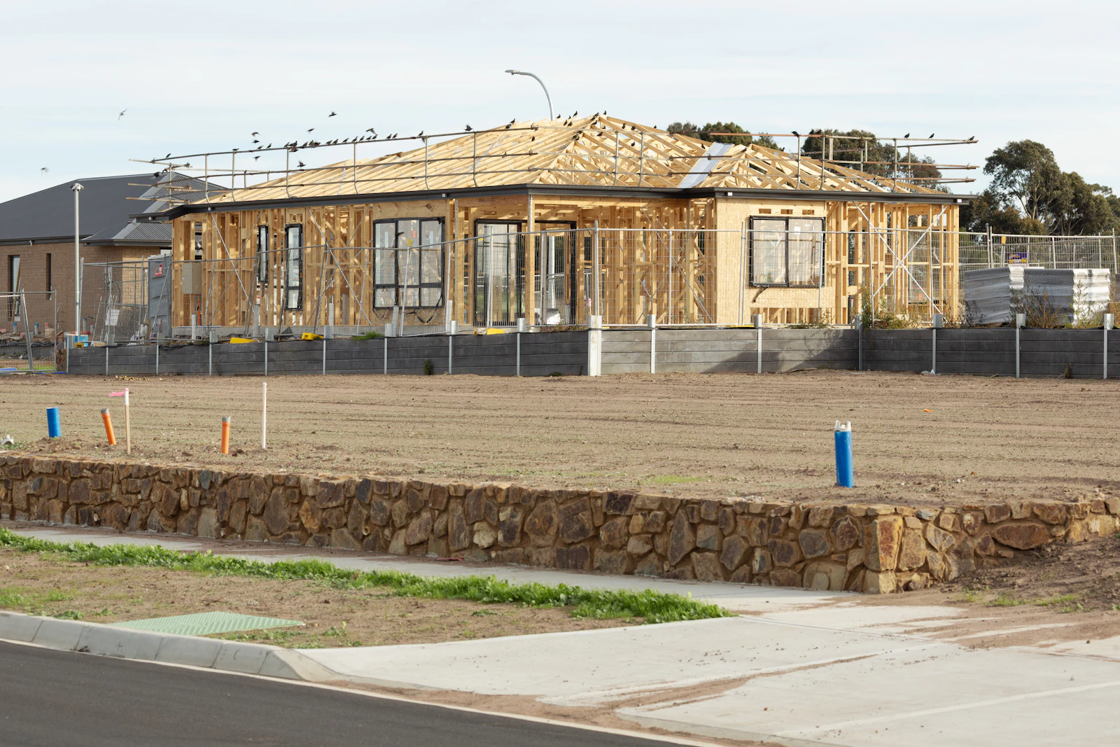 Timber roof framing on a housing construction site